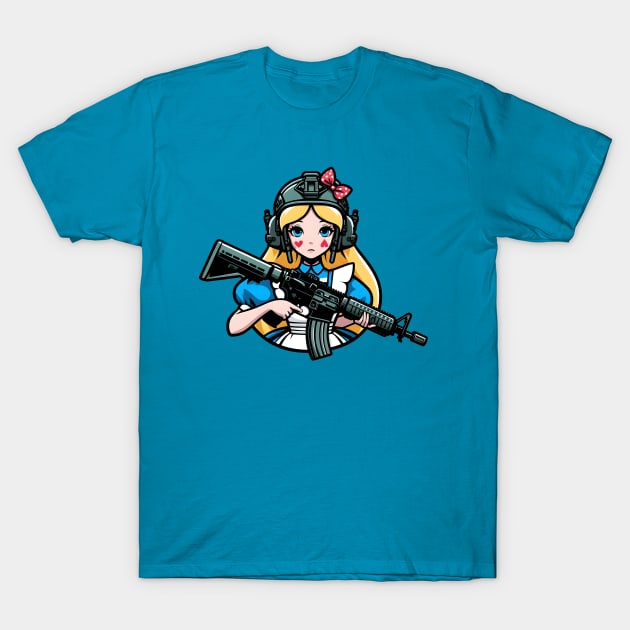 Tactical Wonderland Odyssey Tee: A Unique Twist on Alice's Journey T-Shirt by Rawlifegraphic